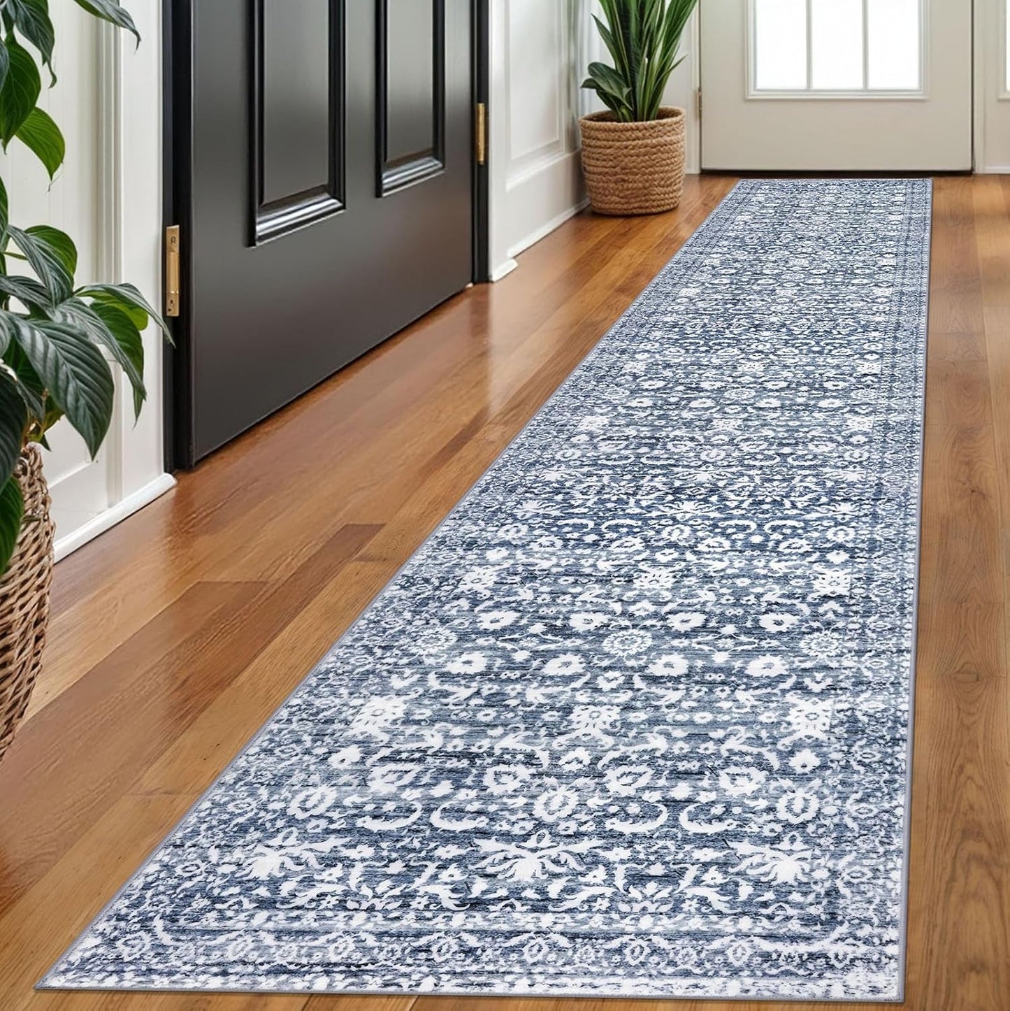 Runner Rug 2x10 Light Blue White Washable Non-Slip Soft Carpet