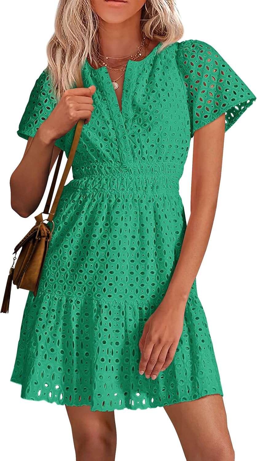PRETTYGARDEN Womens Summer Short Dress V Neck Ruffle Casual