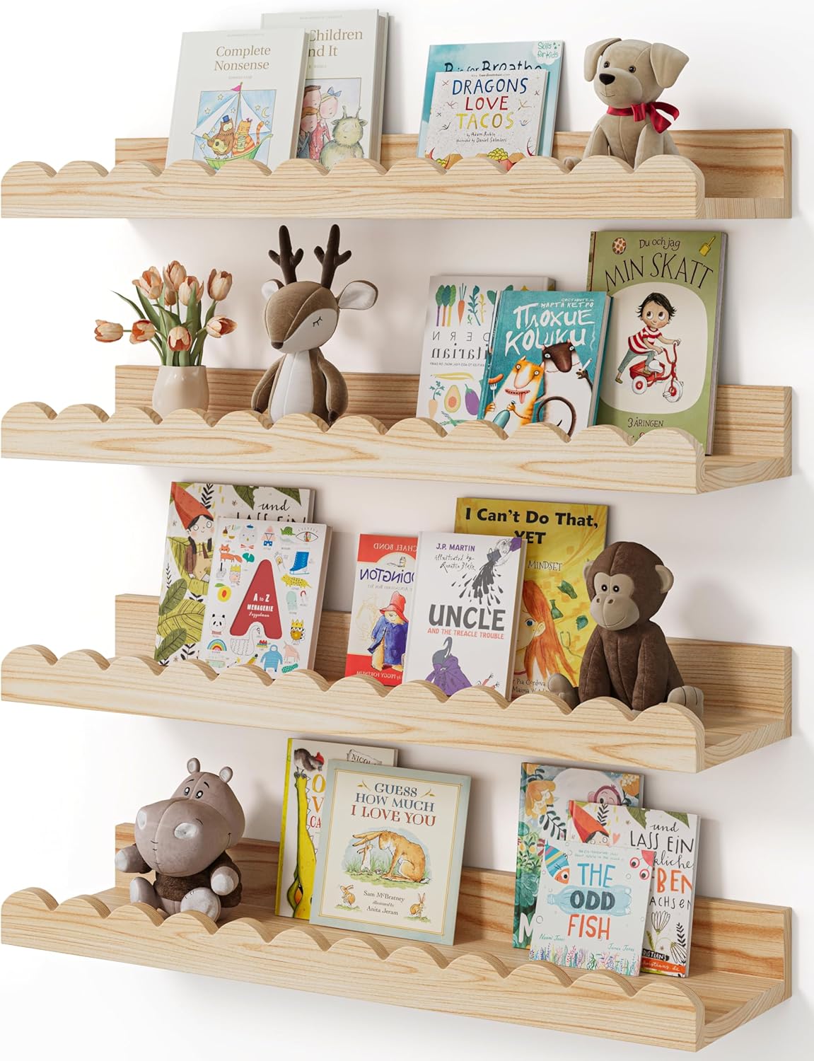 Shario Nursery Book Shelves - 4-Pack Floating Wood Shelves