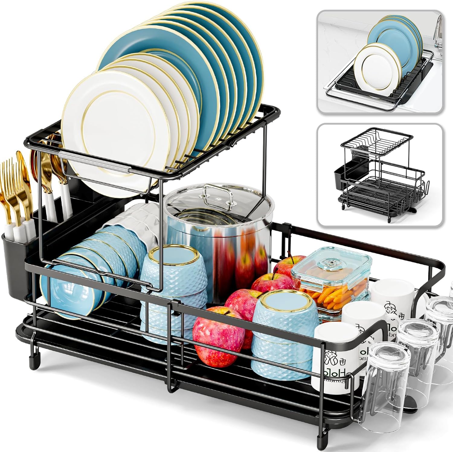 Expandable Two Tier Dish Drying Rack for Kitchen Counter Use