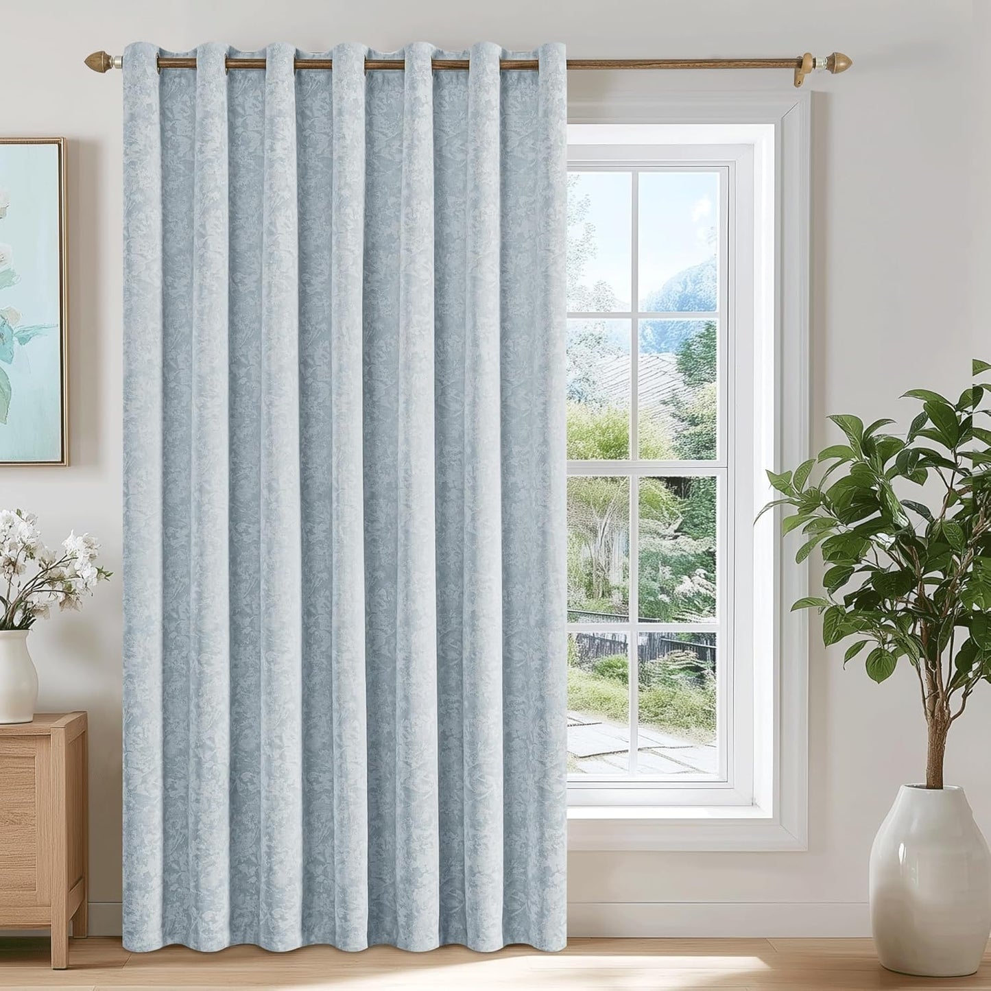 Beauoop Blue Floral Jacquard Blackout Curtains for Home Decor