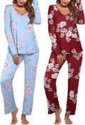 Ekouaer Womens 2-Pack Pajama Set - Soft V Neck Long Sleeve PJs