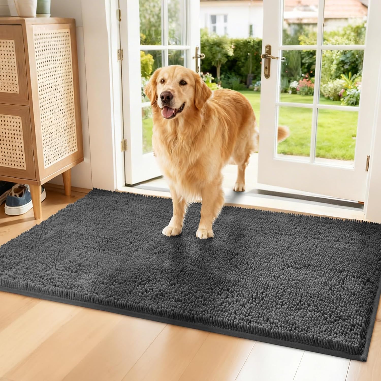 Chenille Absorbent Front Door Mat for Muddy Paws, Grey