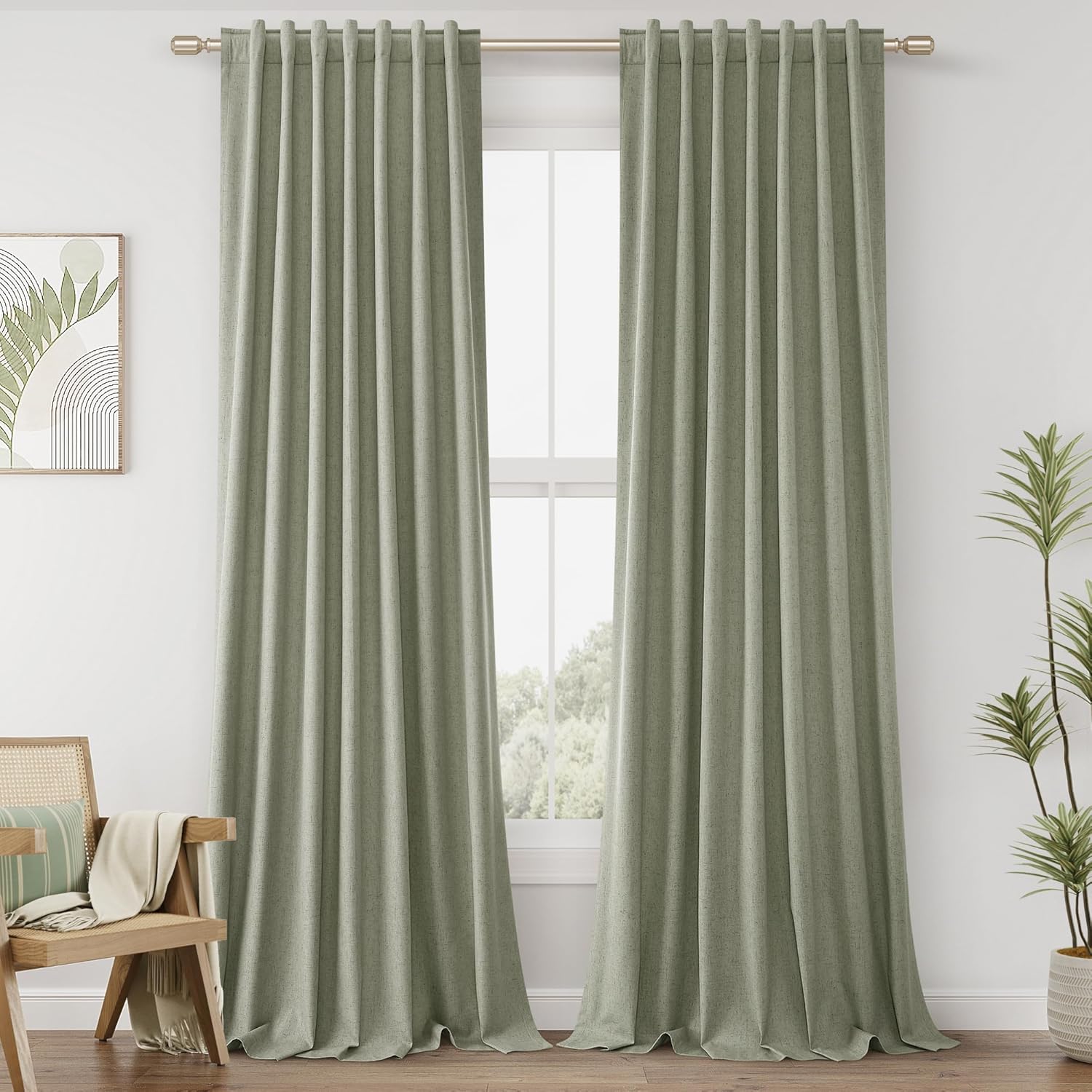 Sage Green Linen Blackout Curtains 90 Inch Length for Home