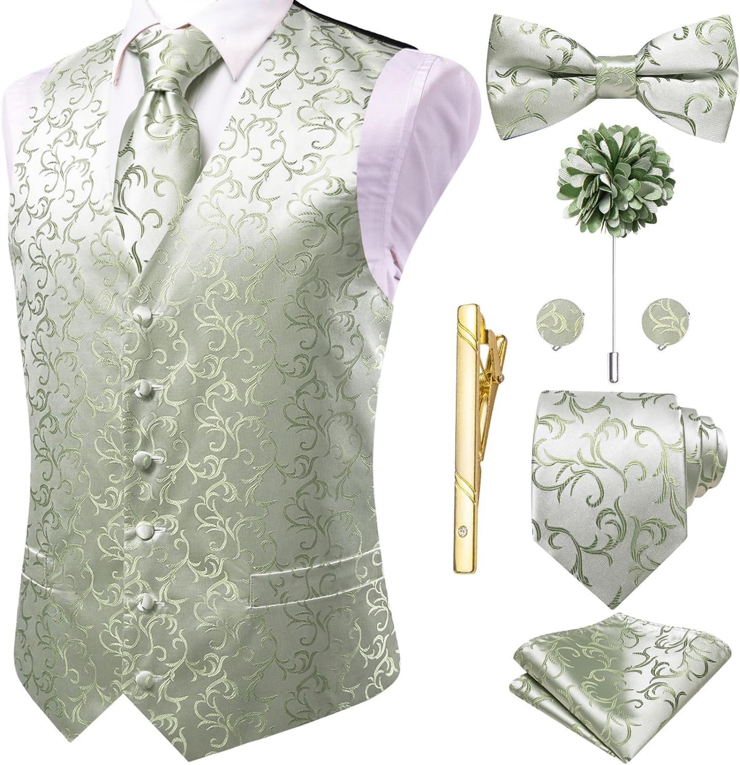 Hi-Tie Silk Mens Suit Vest Set with Tie and Bowtie for Weddings