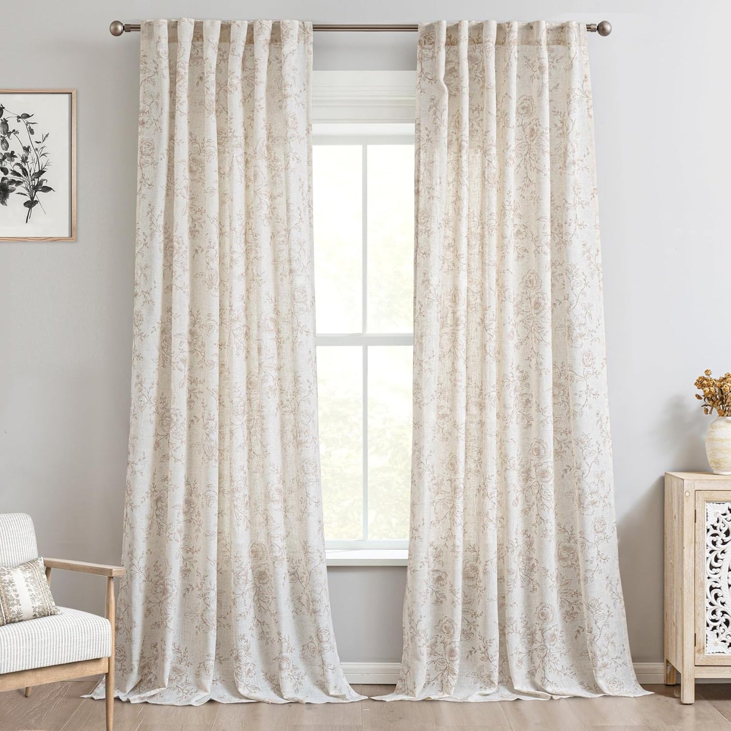 Brown Floral Curtains for Living Room Light Filtering Decor