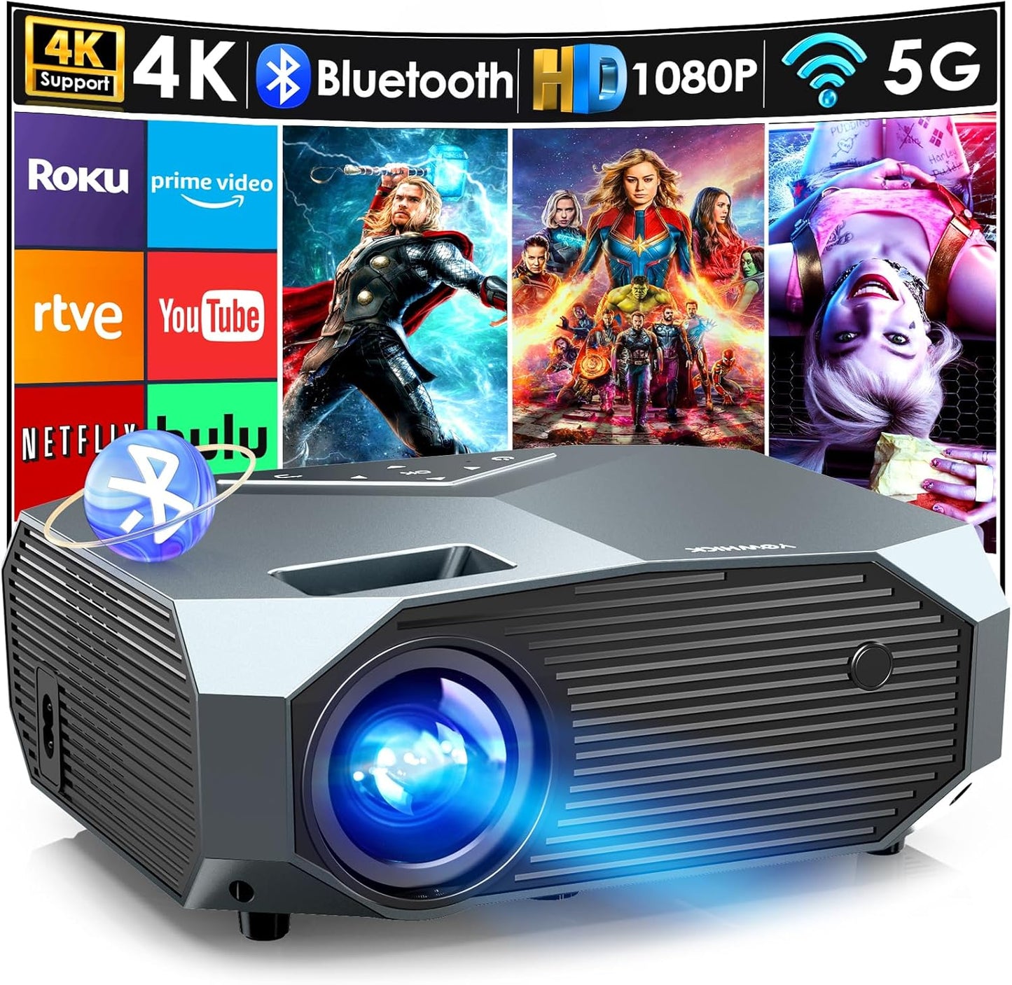 YOWHICK 4K Outdoor Projector: Vibrant 1080P, WiFi/BT, Smart & Portable