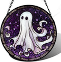 Stained Glass Window Hanging Halloween Ghosts Purple Stars - Spooky