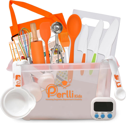 PERLLI Kids Real Cooking Set - 31 Pc. Junior Chef Gift Set - Fine Motor Skills & Fun!