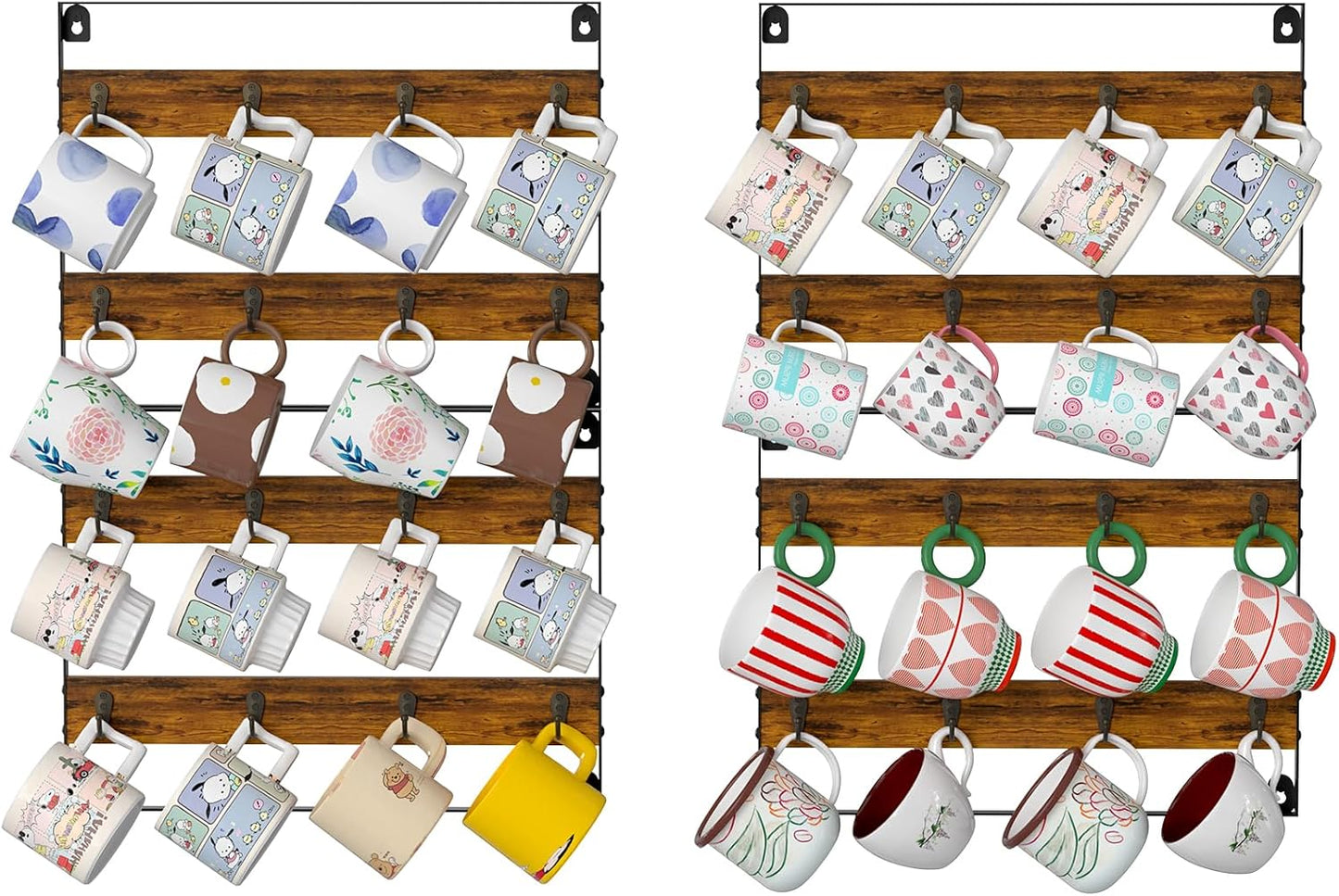 Rustic Wood Coffee Mug Rack - Stylish Wall Mount Holder for 32 Mugs