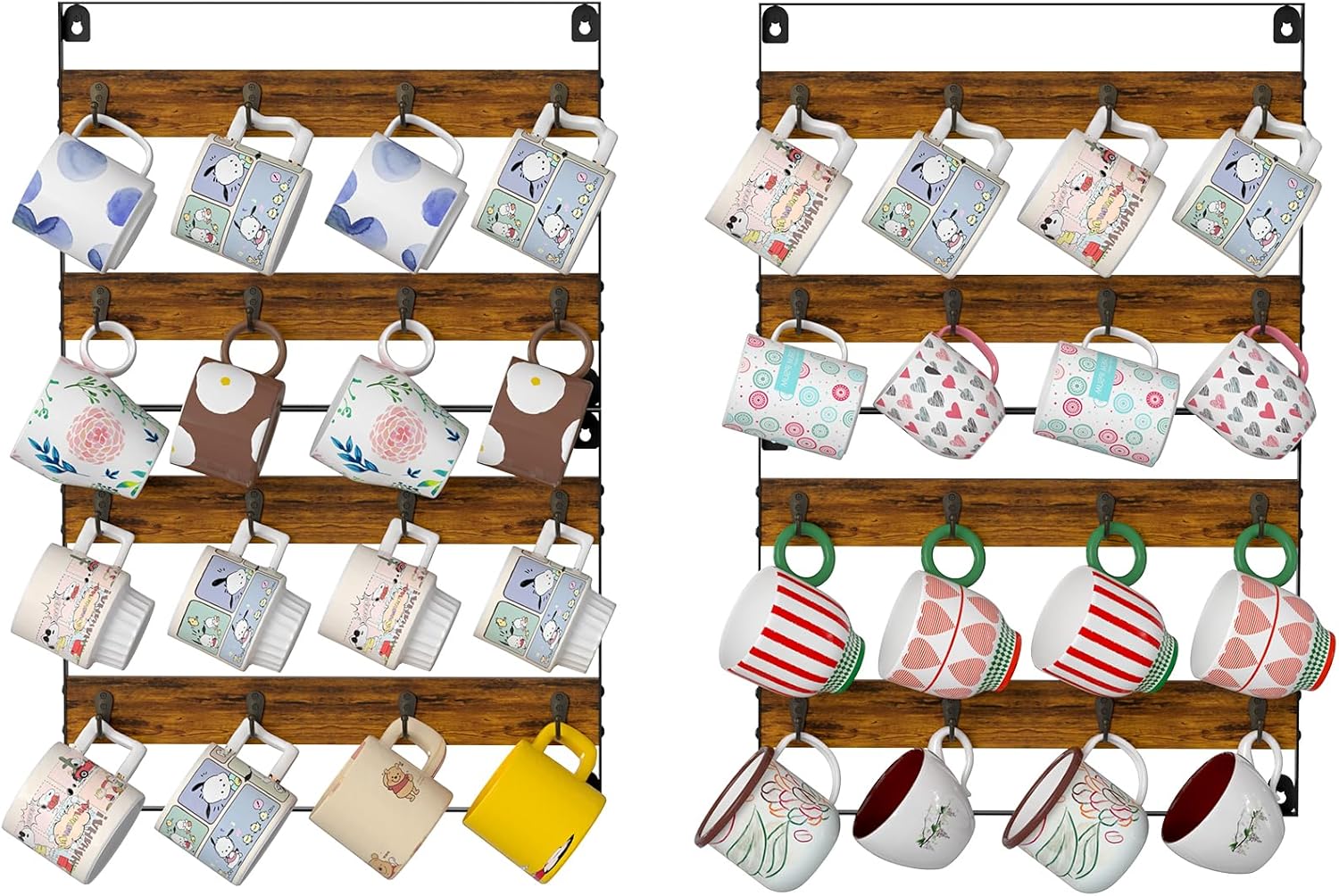 Rustic Wood Coffee Mug Rack - Stylish Wall Mount Holder for 32 Mugs
