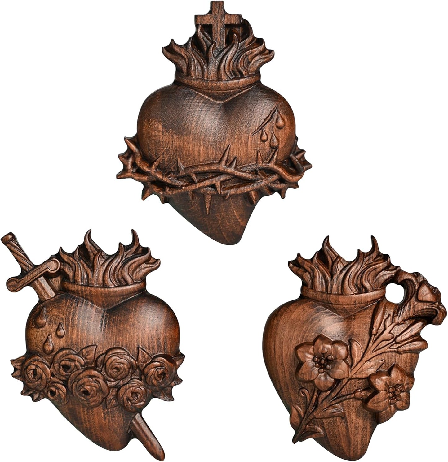 Three Sacred Hearts Wall Decor - Handmade Religious Art
