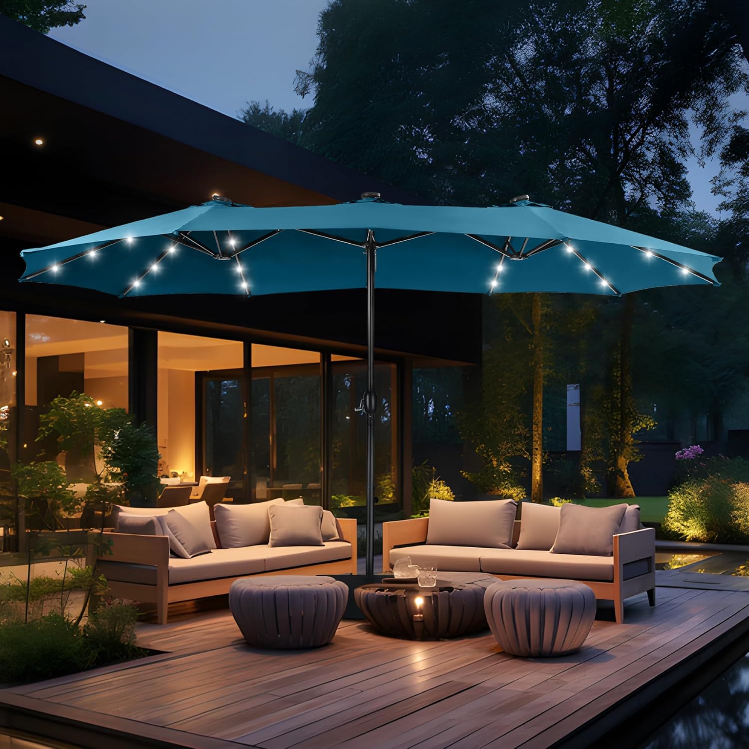 15ft Double Sided Patio Umbrella with Solar Lights for Shade