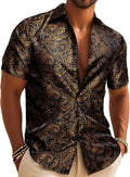 Men's Short Sleeve Paisley Floral Silk Jacquard Dress Shirt