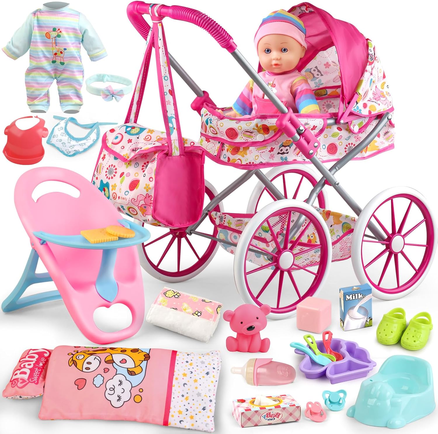 Baby Doll Stroller Toys Set with 12.5in Doll and Accessories