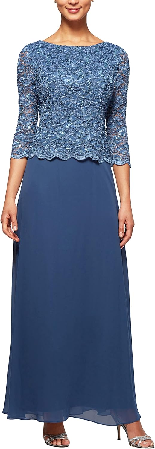 Elegant 3/4 Sleeve Stretch Lace Bodice Mock One Piece Gown