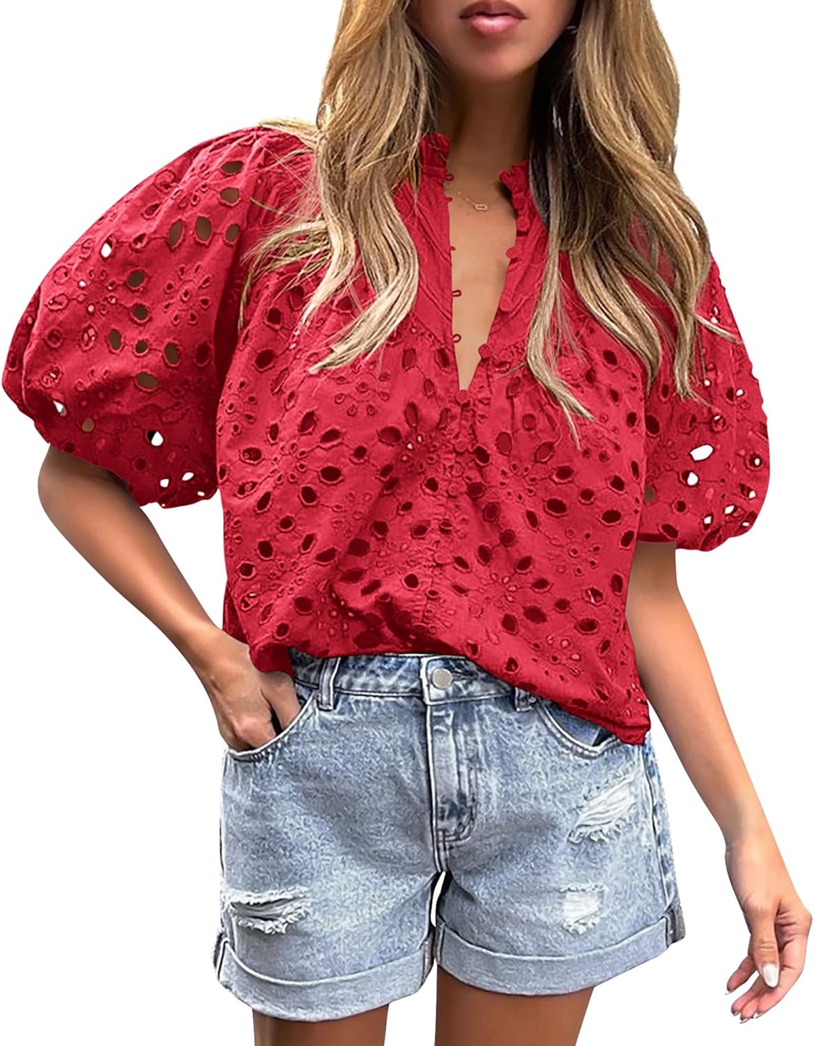 PRETTYGARDEN Women's Summer Tops Casual V Neck Lace Blouses