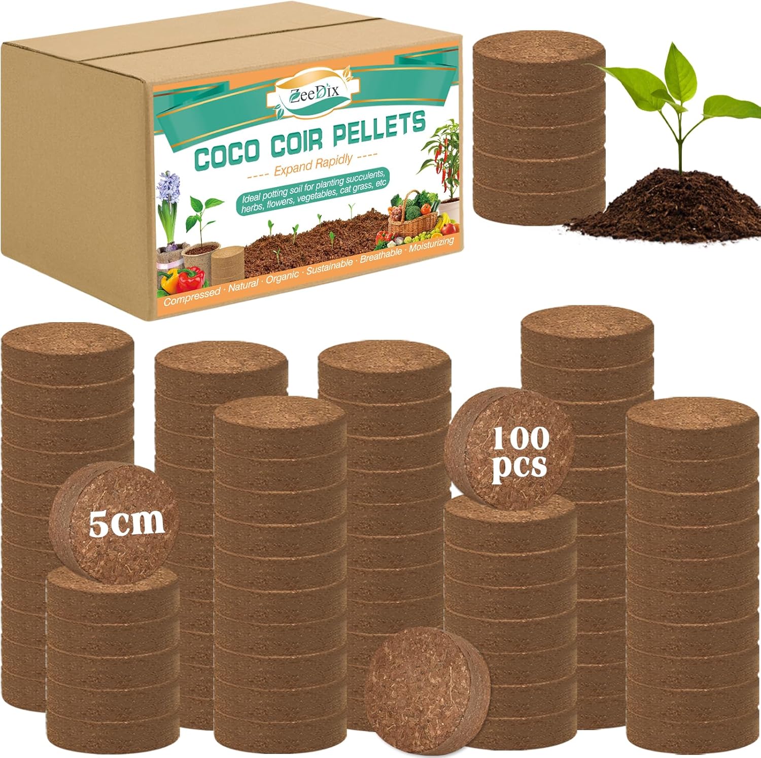 Coco Coir Pellets for Indoor Plants - 100pcs 50mm Soil Discs