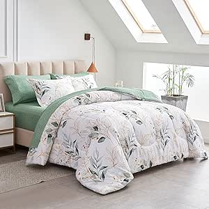 Joyreap 6 Piece Bed in a Bag Twin Set with Green Leaves Design