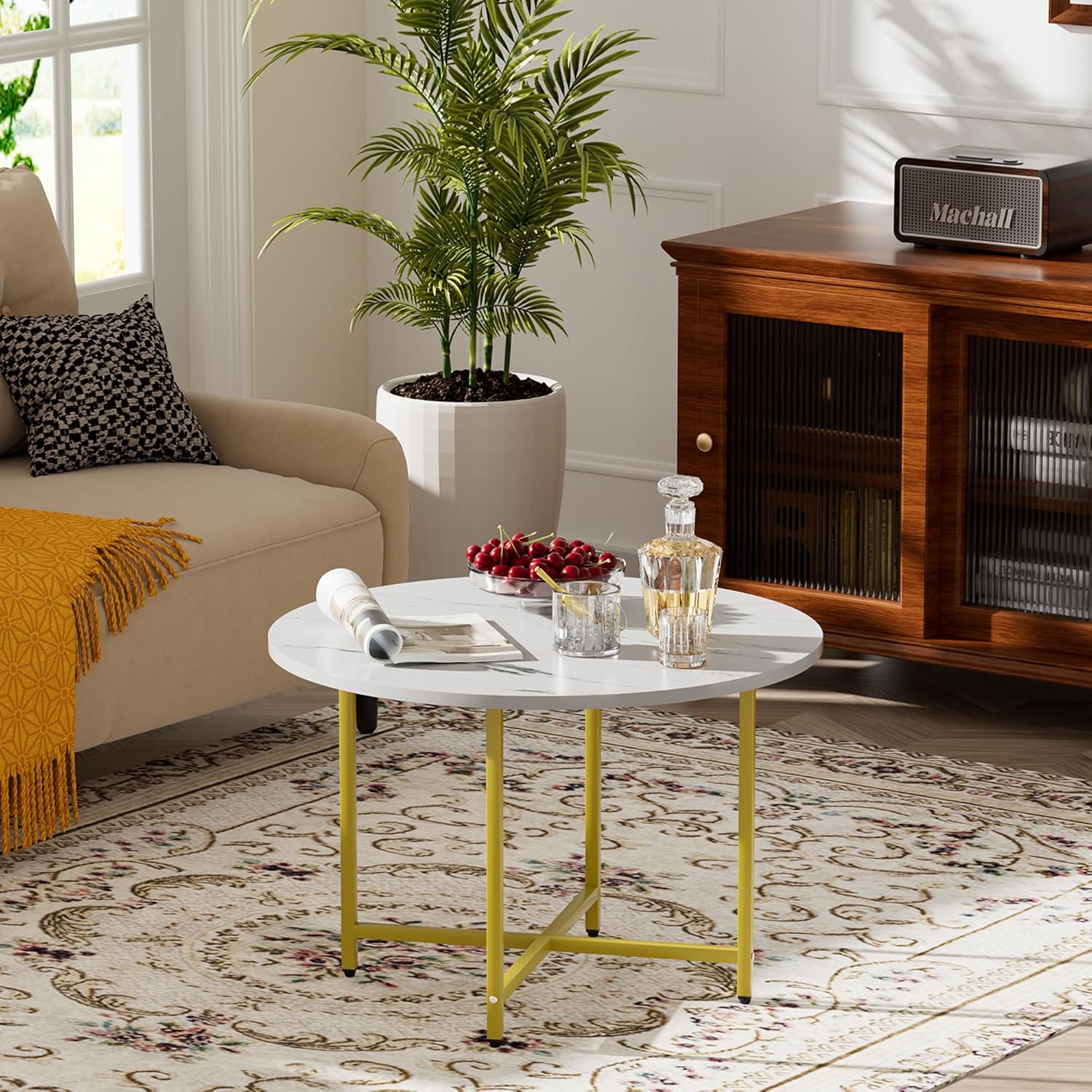 Round Coffee Table with Metal Frame for Living Room Use