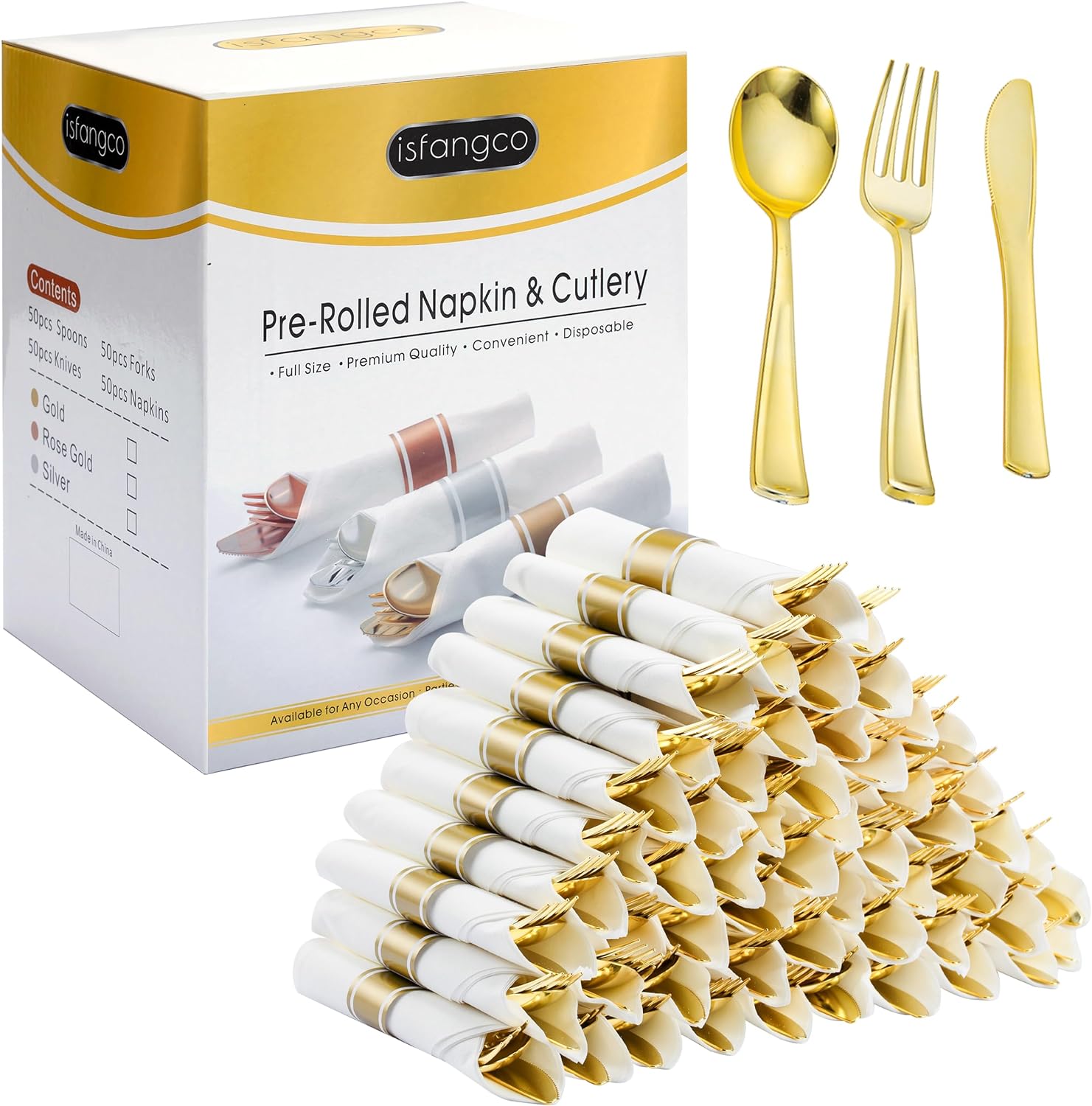 50 Pack Pre Rolled Gold Plastic Silverware Set for Events