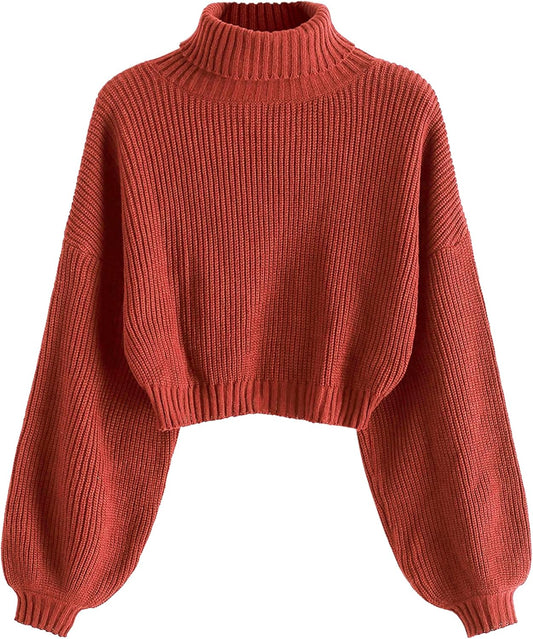Cropped Turtleneck Sweater for Women with Lantern Sleeves