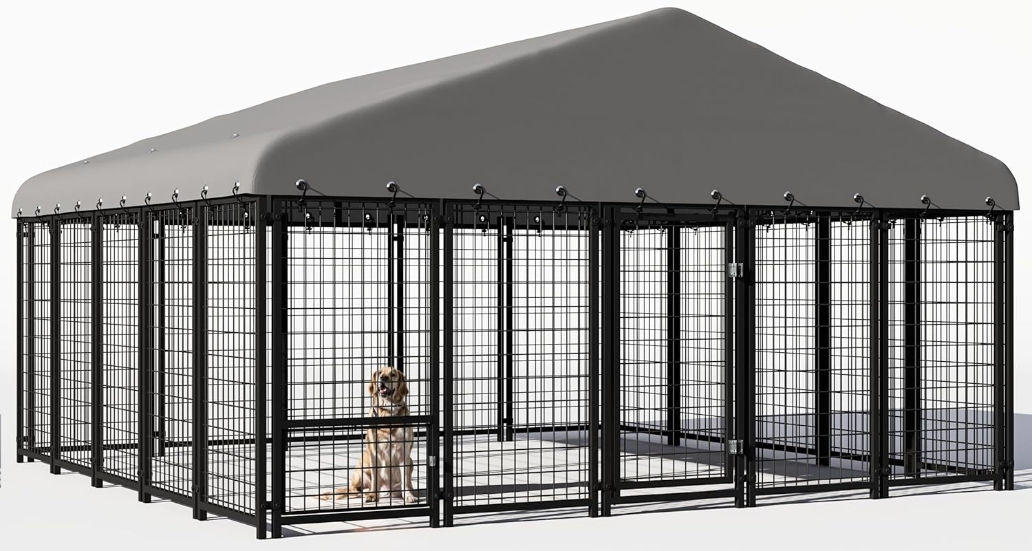 Large Outdoor Dog Kennel with Roof and Feeding Door for Pets