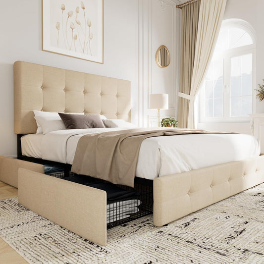 Upholstered Queen Size Platform Bed Frame with Storage Drawers