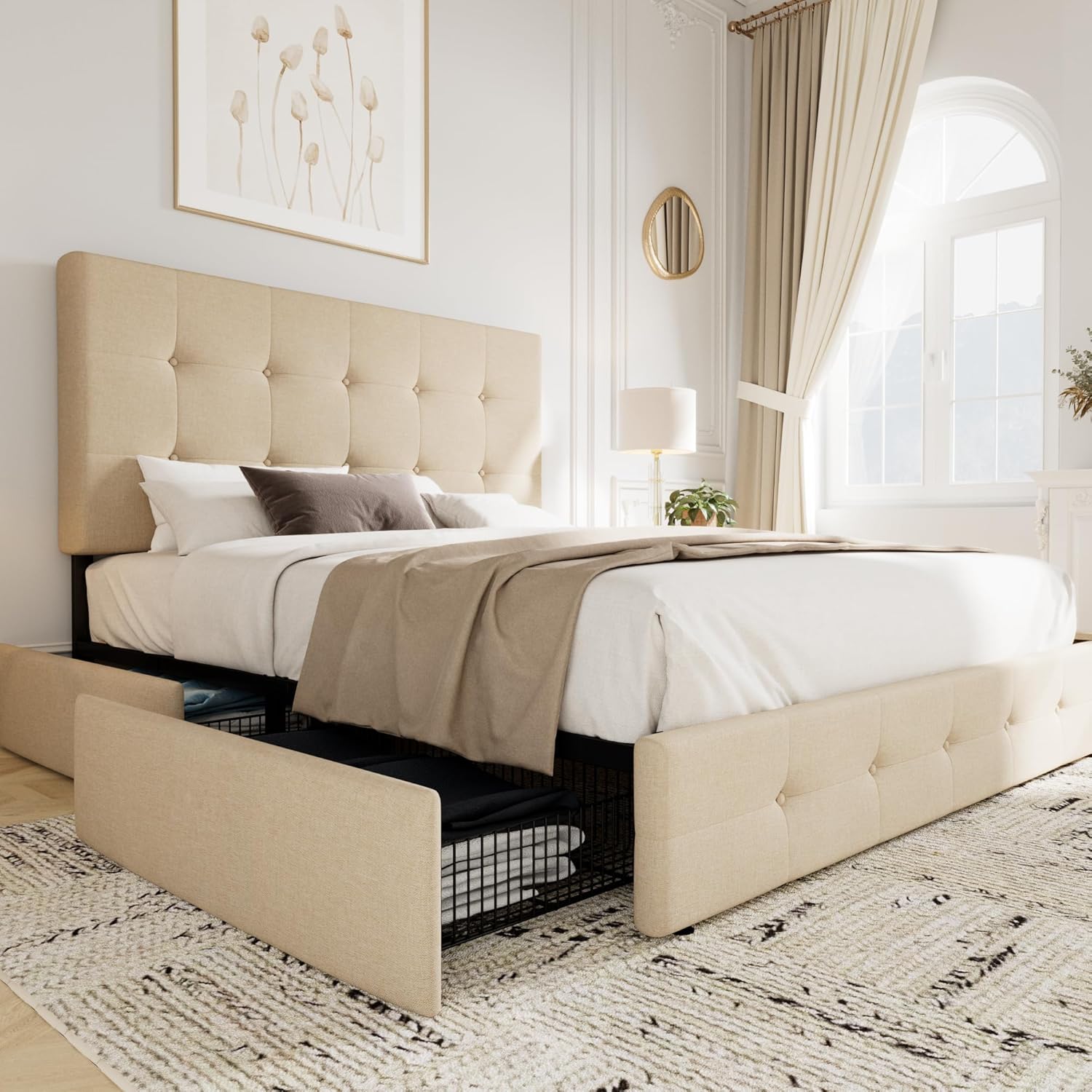 Upholstered Full Size Platform Bed Frame with Storage Drawers