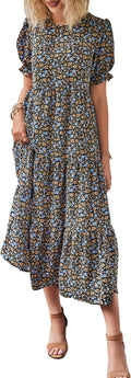 Summer Floral Boho Midi Sun Dress - Flowy Puff Sleeve Shoes