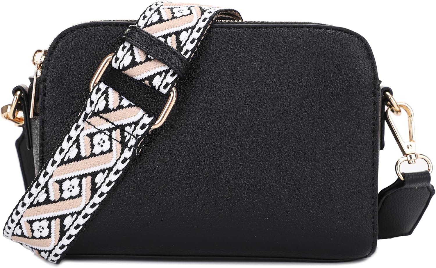 Trendy Triple Zip Small Crossbody Bag with Wide Guitar Strap