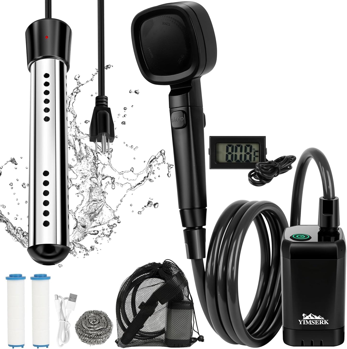 Portable 6000mAh Camp Shower w/ 2000W Heater - Yimserk