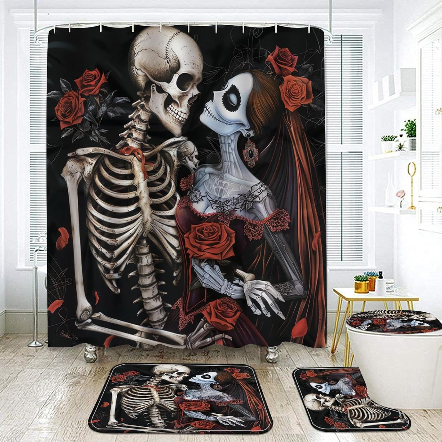 Red Rose Skull Halloween Bathroom Set