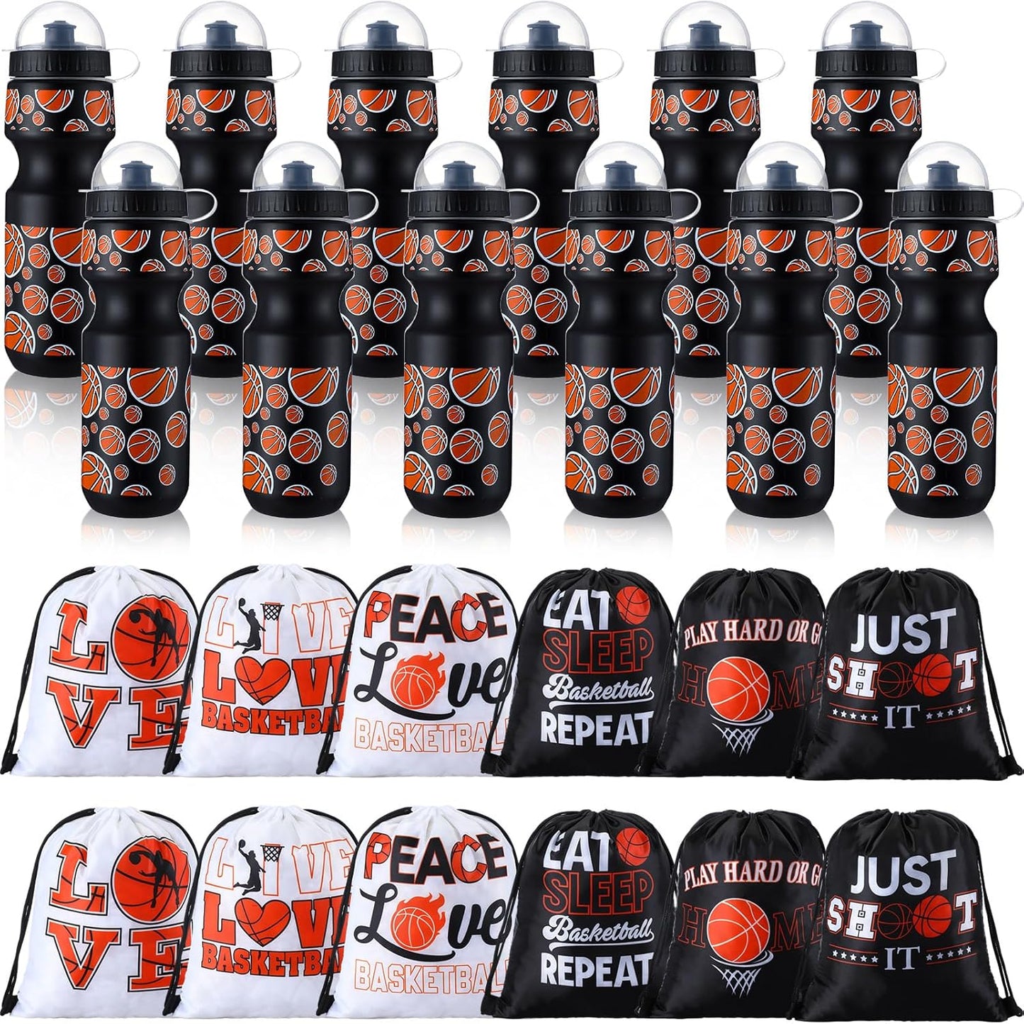 24 Pcs Basketball Water Bottle Set with Drawstring Bags for Sports