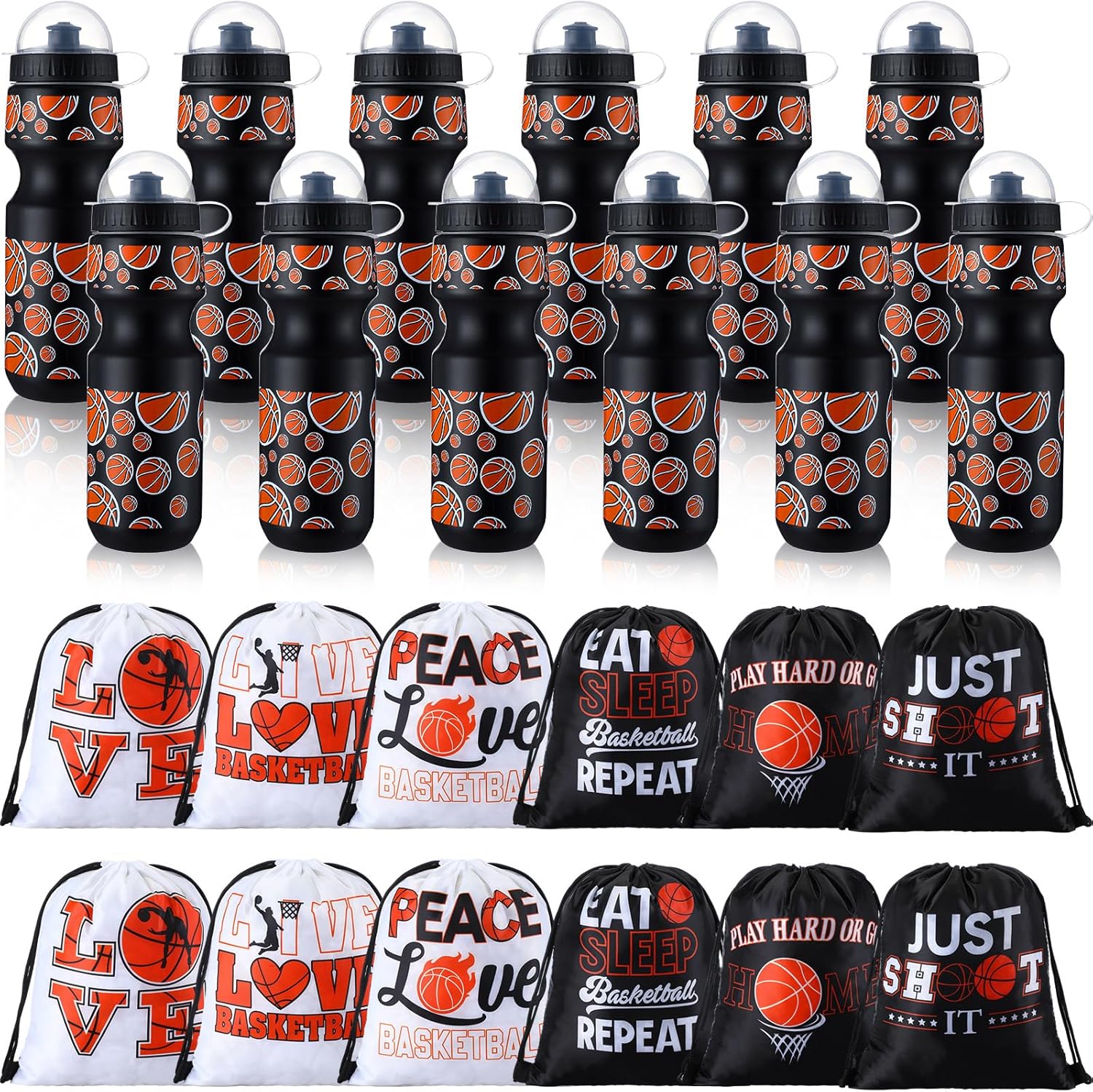 24 Pcs Basketball Water Bottle Set with Drawstring Bags for Sports