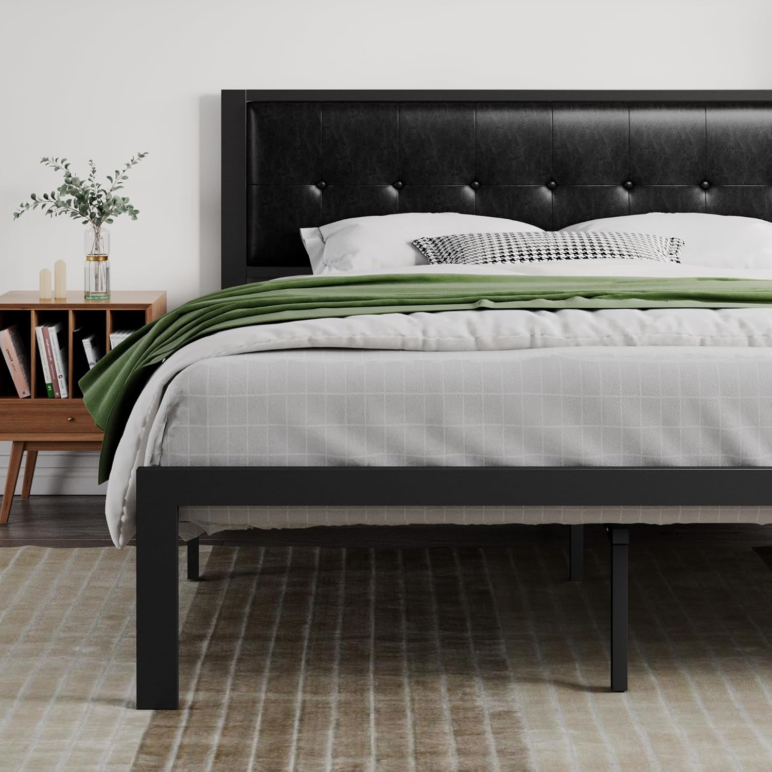Faux Leather Platform Bed Frame with Tufted Headboard for King