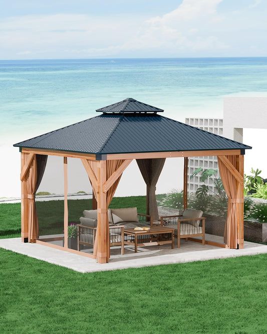 Hard Top Wood Gazebo 10ftx10ft for All Weather with Metal Roof