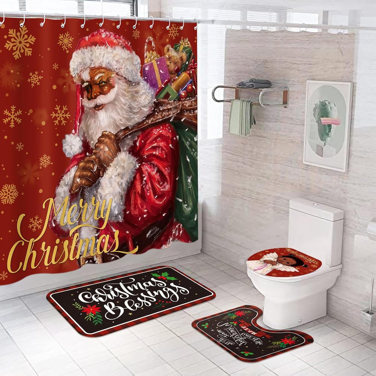 Black Santa Christmas Shower Set - Complete Holiday Decor