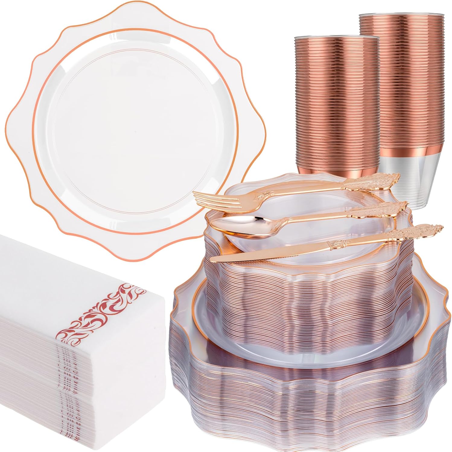 350 PCS Clear and Rose Gold Plastic Plates for Elegant Parties