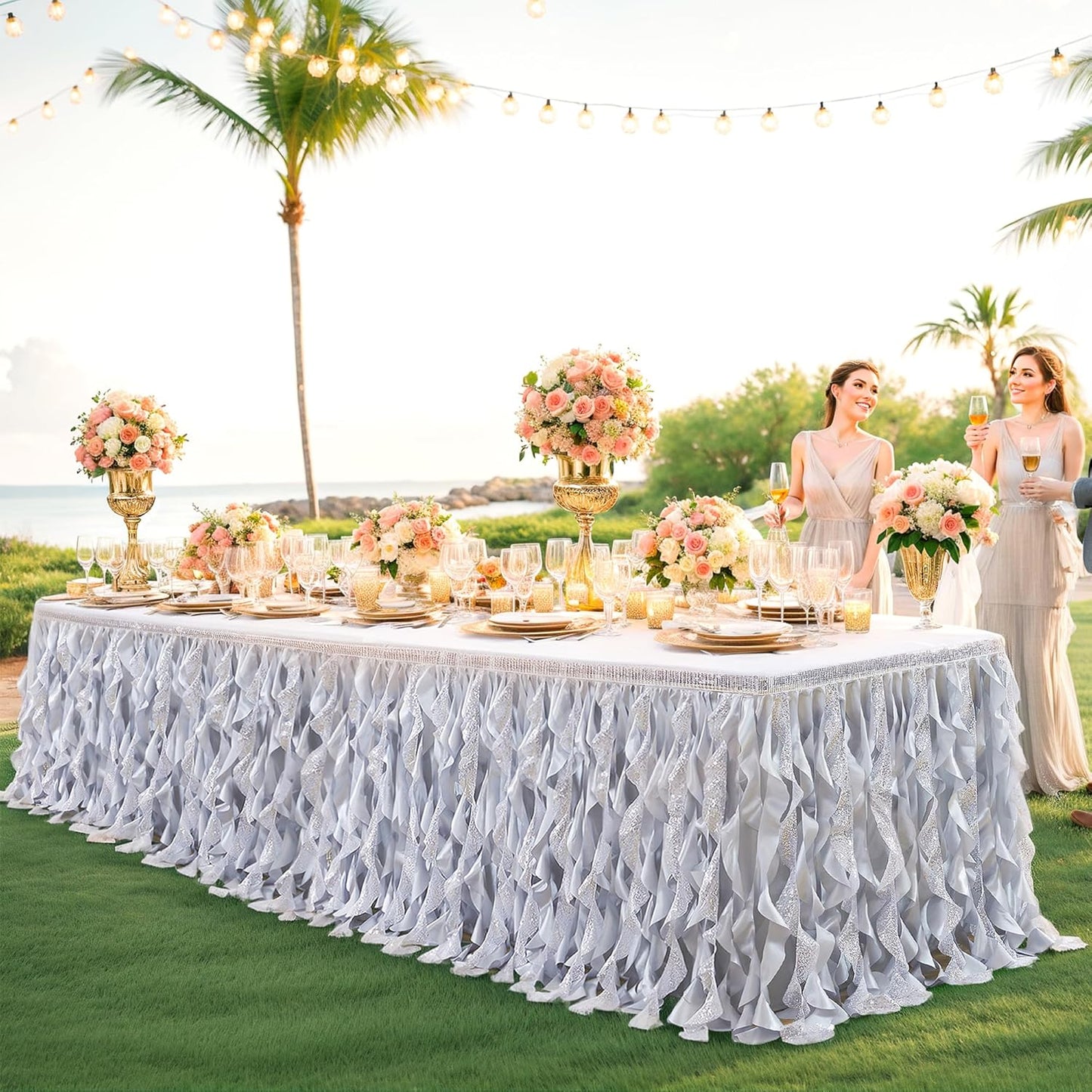 17ft Silver Sequin Tutu Table Skirt for Stunning Events