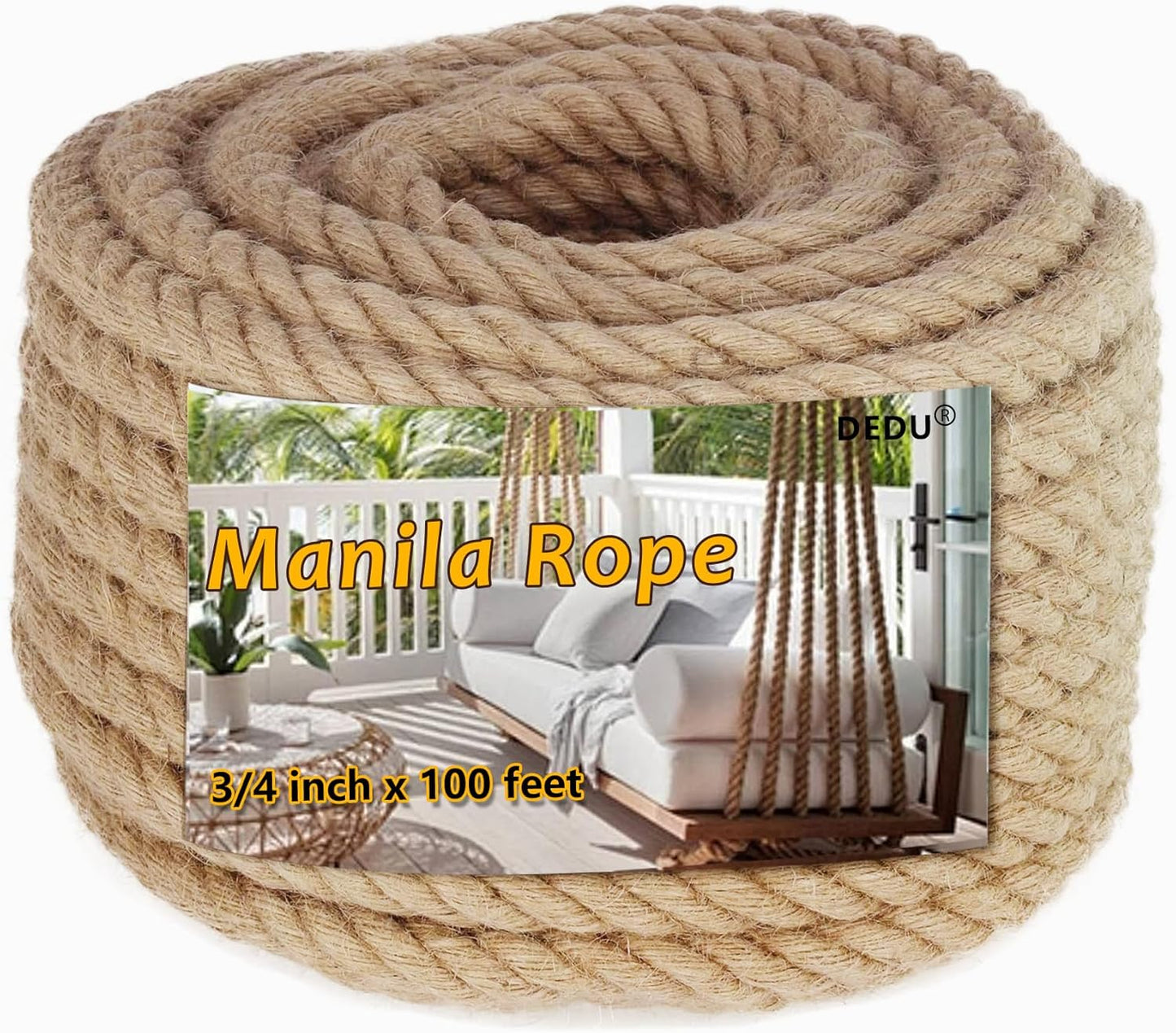 Manila Rope 3/4 Inch X 100 Ft for Heavy Duty Crafts and More
