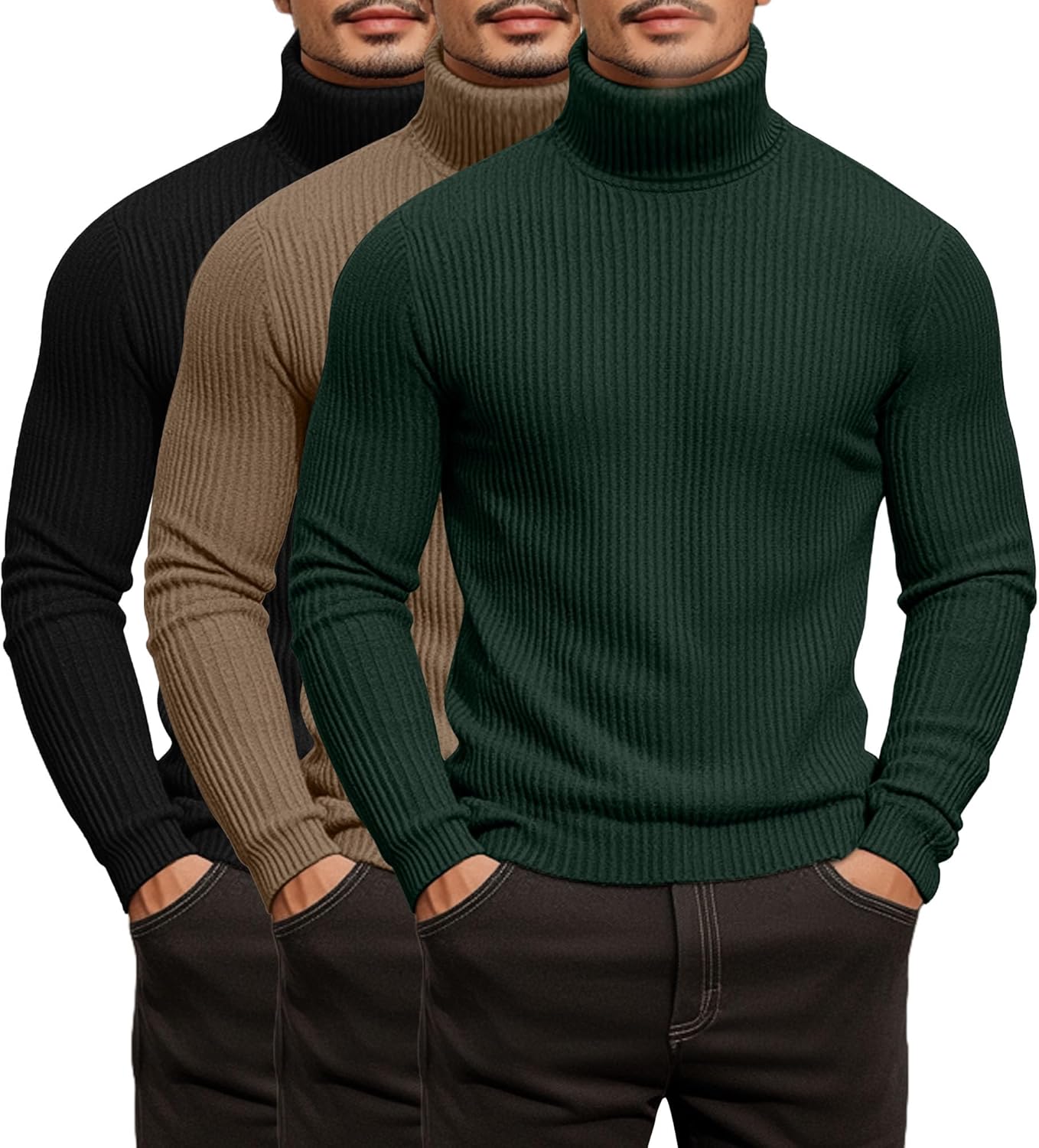 Men's Ribbed Turtleneck Shirts - Lightweight Long Sleeve Pullover