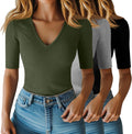 Riyiper Women's Half Sleeve Ribbed Cotton V Neck Top - Slim Fit wear