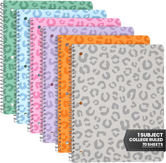 6-Pack Leopard Print College Notebooks, 70 Sheets, Assorted Soft Colors - ScribbleMate