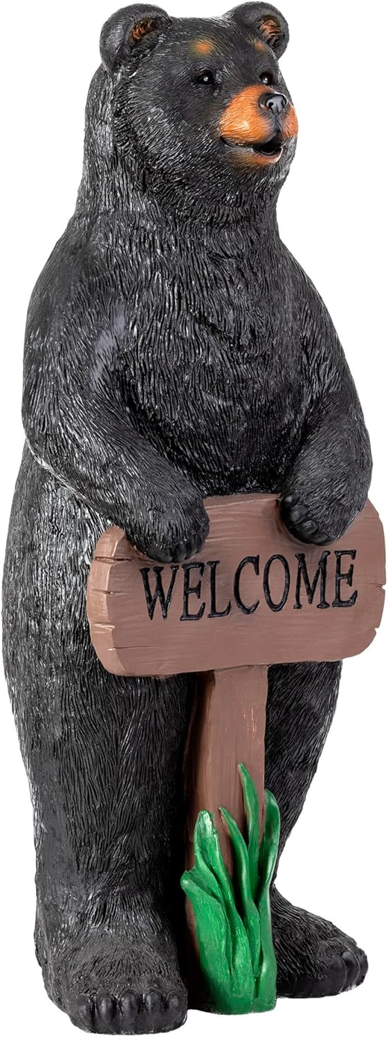 36 Tall Outdoor Standing Black Bear with Welcome Sign Statue
