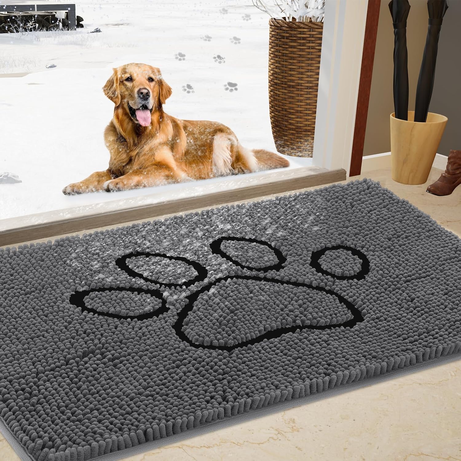 Dog Door Mat for Muddy Paws - Chenille Absorbent Doormat