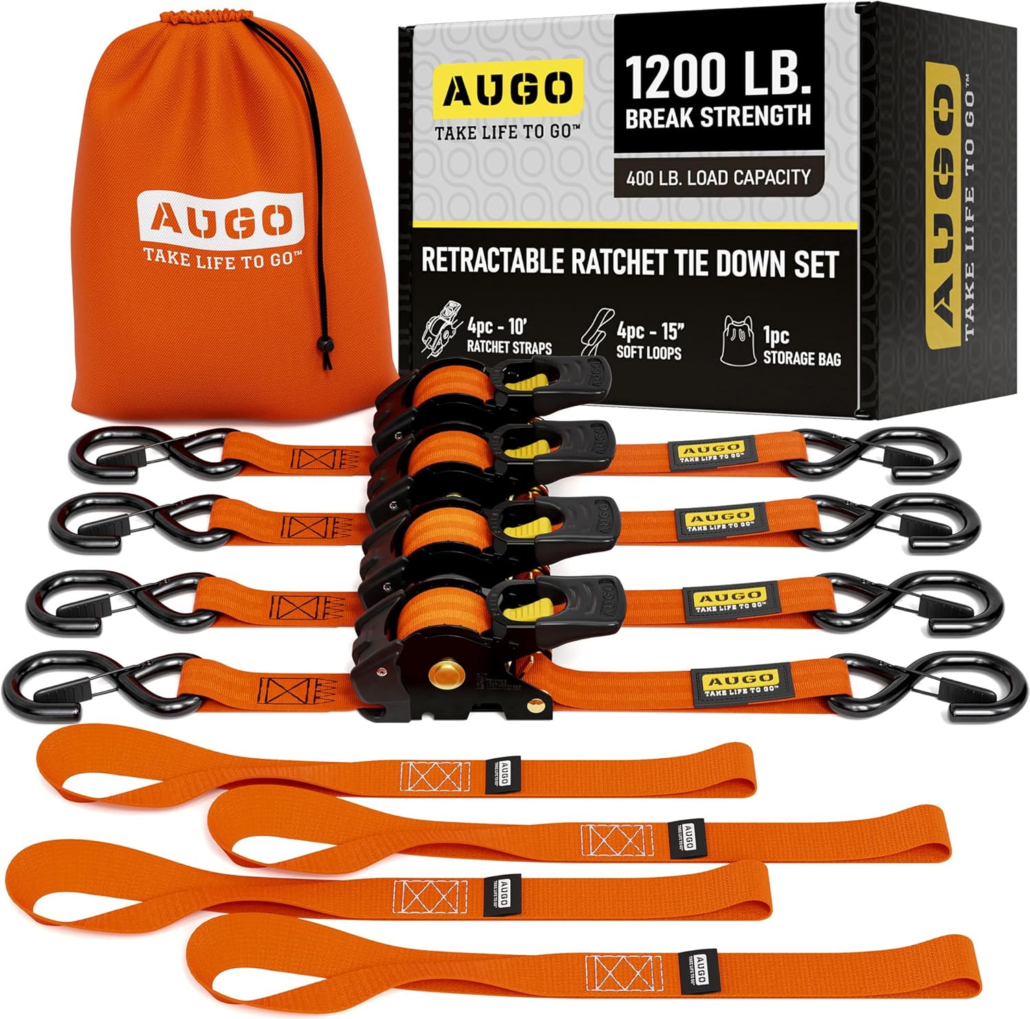 AUGO Retractable Ratchet Straps for Heavy Duty Cargo Securement