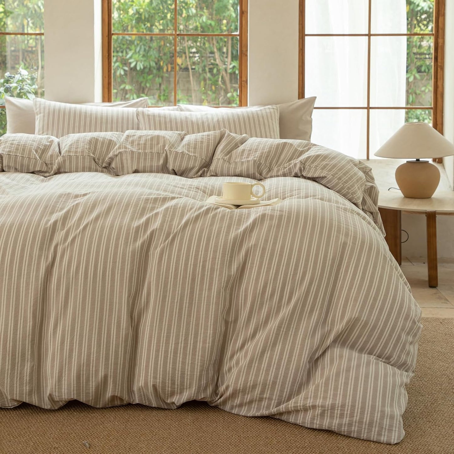 Striped Duvet Cover Set in 100% Washed Cotton for Comfort