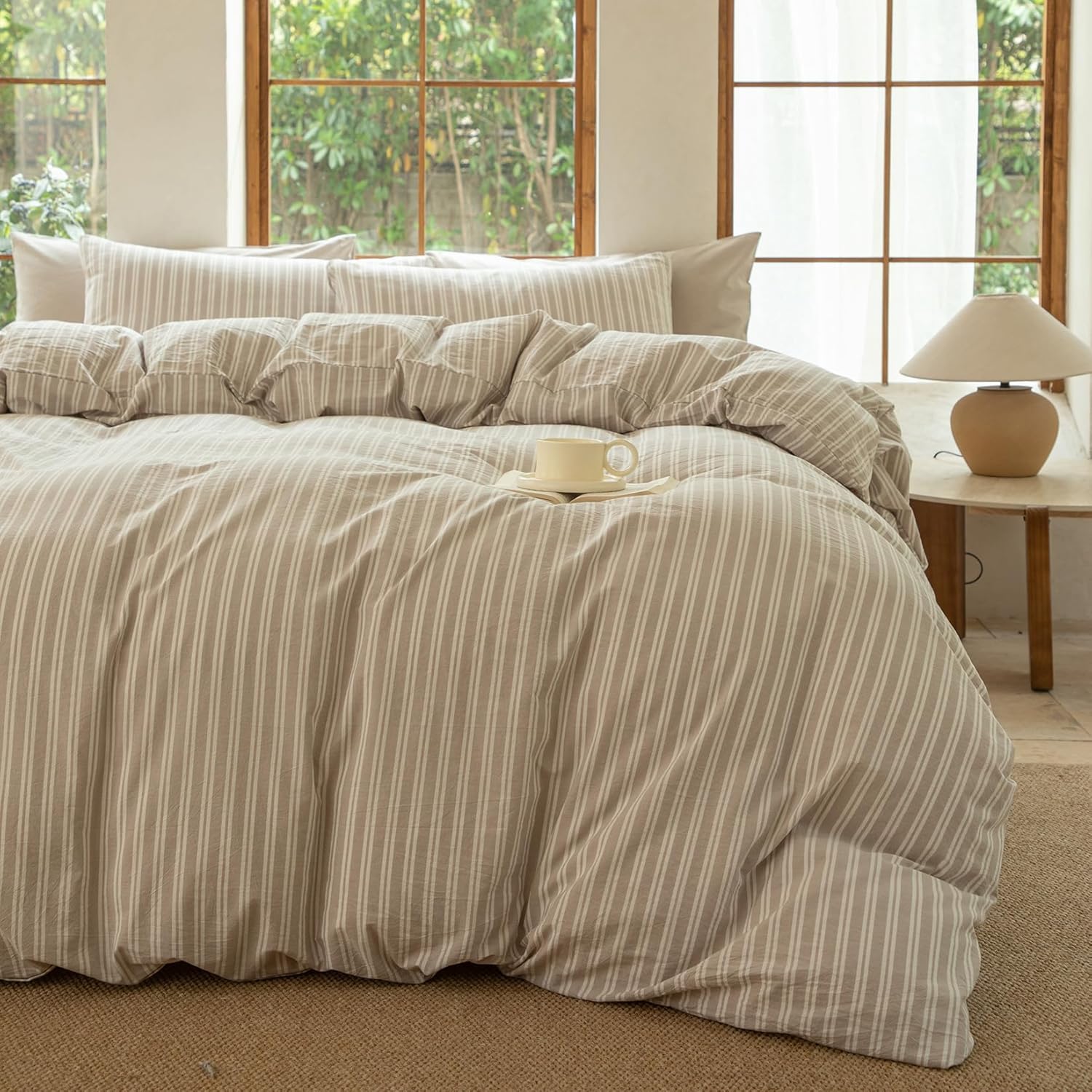 Striped Duvet Cover Set in 100% Washed Cotton for Comfort