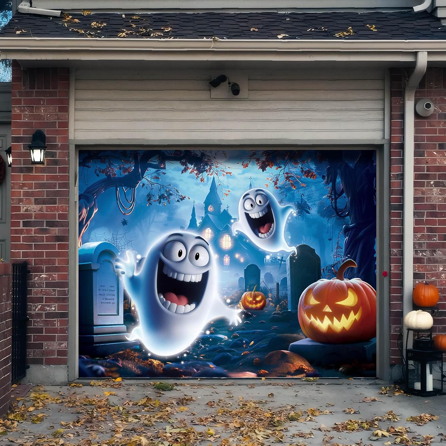 Halloween Garage Door Decorations with Cute Ghost Design
